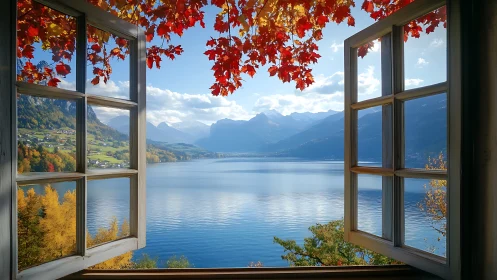 Open window frames serene alpine lake in crisp autumn light.
