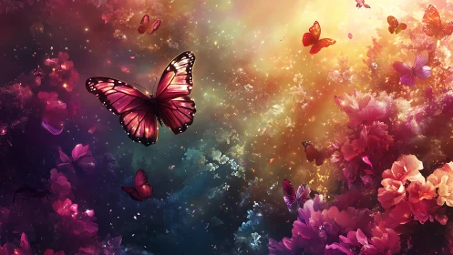 Spectral gradient sky with luminous butterflies over dense florals