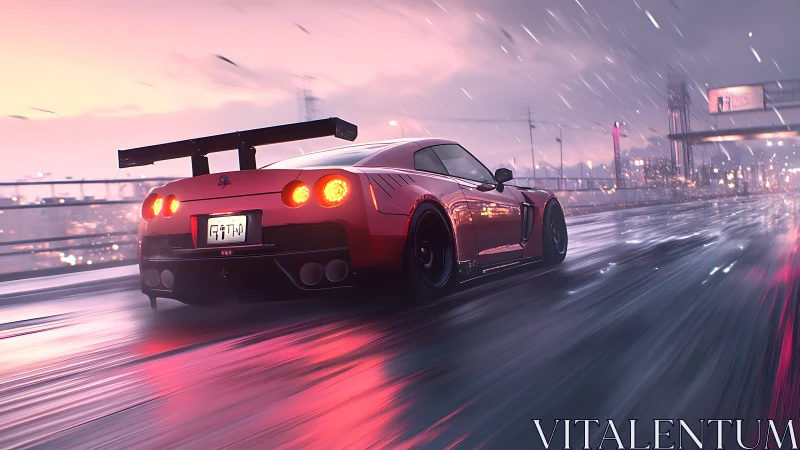 Red tuner car accelerates on neon soaked rainy highway.