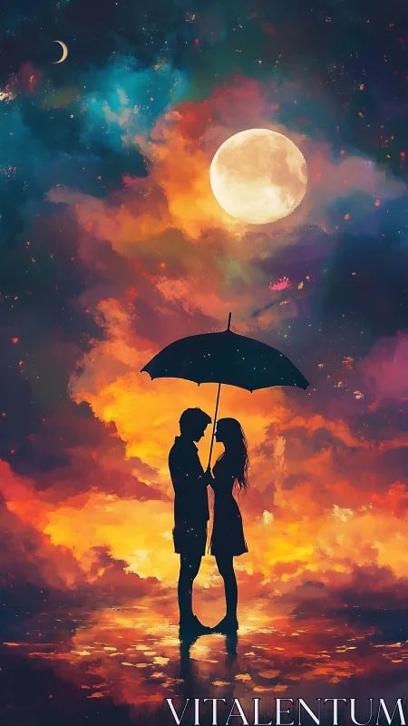 Silhouetted Couple Under Umbrella with Full Moon