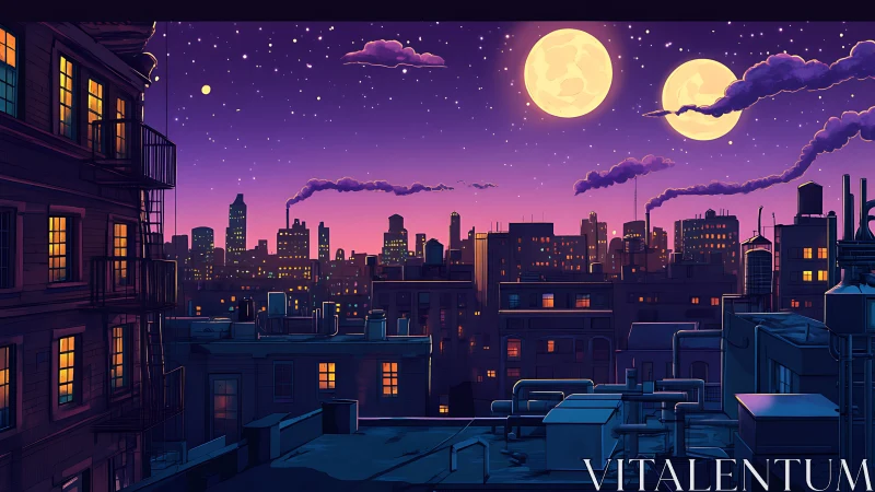 Dual-moon twilight city skyline with detailed rooftop machinery