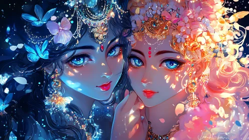 Twin elemental goddesses share luminous blue, gold gazes.