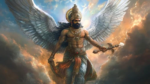 Winged warrior deity in ornate armor against clouds sky.