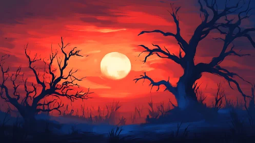 Crimson twilight sky over haunted barren trees and moon.