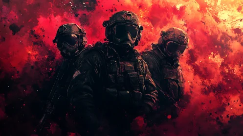 Triad of shadow soldiers in an inferno bloom of crimson smoke.