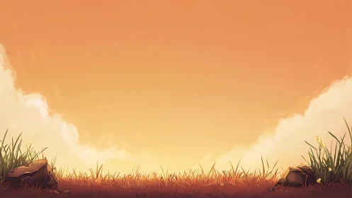 Low-angle grassland horizon under warm gradient sunset sky