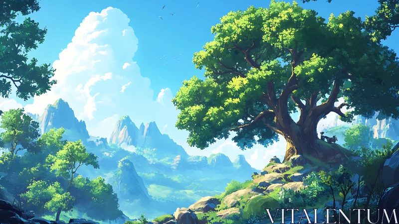 Ancient Tree in Fantasy Valley with Mountains.