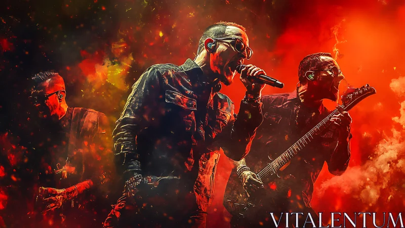 Rock musicians perform on stage within fiery digital artwork