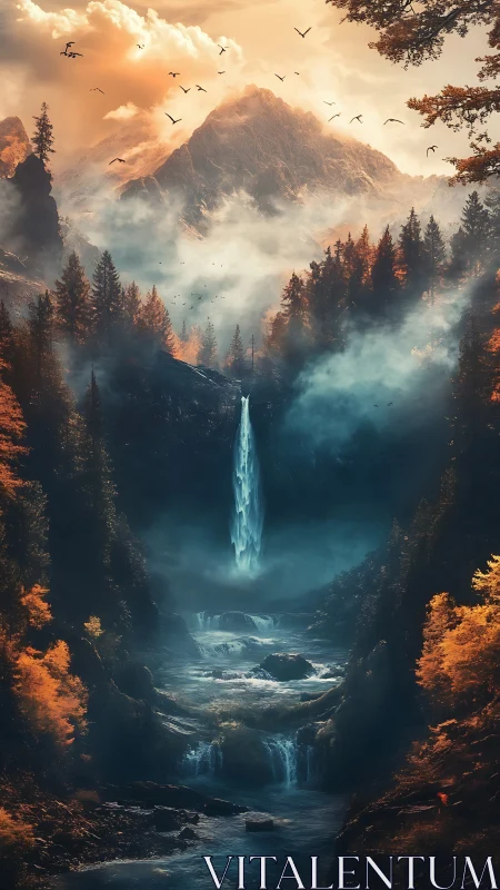 Cascading mountain waterfall in cinematic autumn valley.