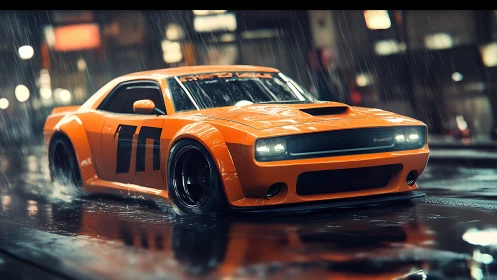 Orange race car drifts through rainy night city street