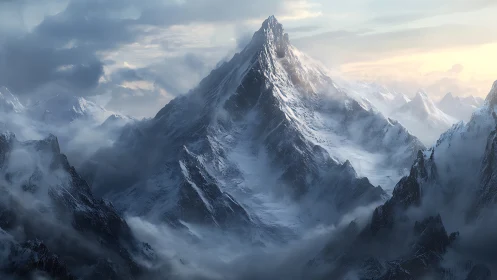 Snow-crowned mountain peak rises above storm-lit clouds.