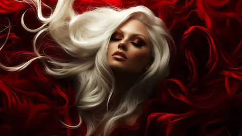 Silver haired woman in crimson silk waves, eyes closed.