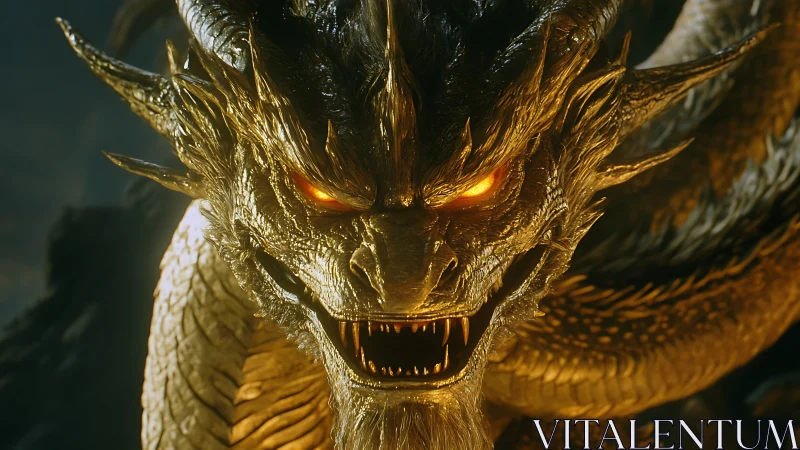Golden dragon roars in blazing, molten-lit darkness