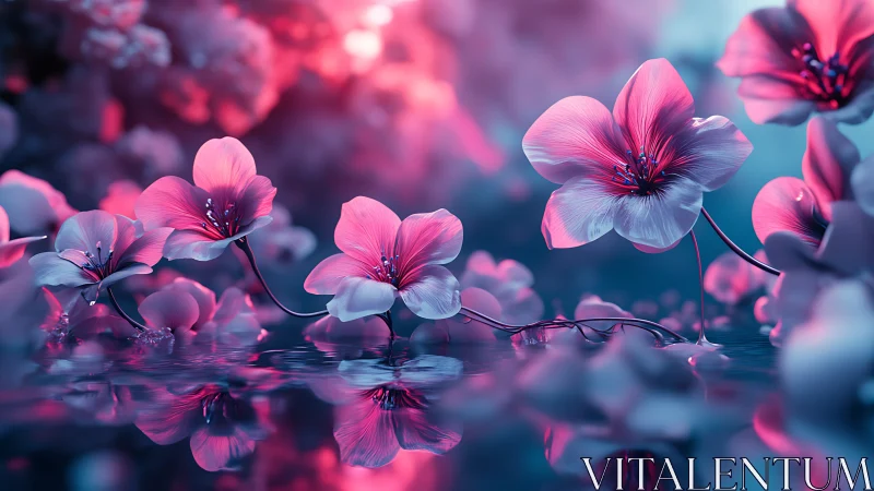 Pink flowers float above calm water surface with gradient sky backdrop.