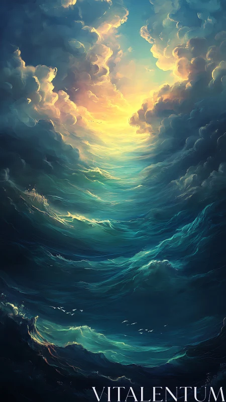 Glowing ocean path under dreamy clouds and gentle sunrise.