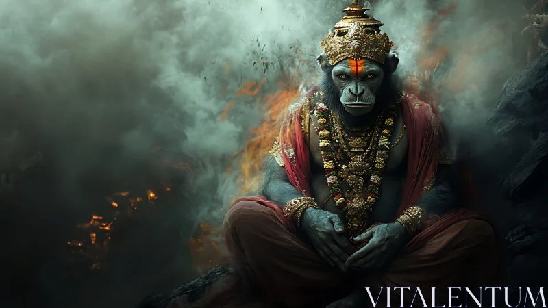 Mythic simian deity rendered with dense smoke, embers and ornate regalia