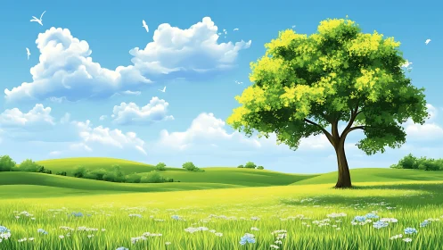 Solitary oak overlooks bright spring meadow and rolling hills