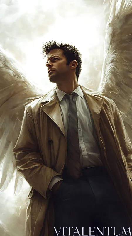 Male figure in trench coat stands before large feathered wings