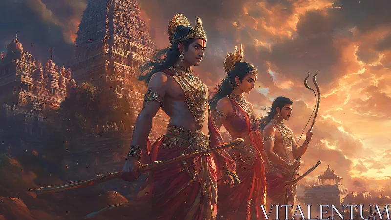 Heroic epic warriors in gilded attire at temple dusk.