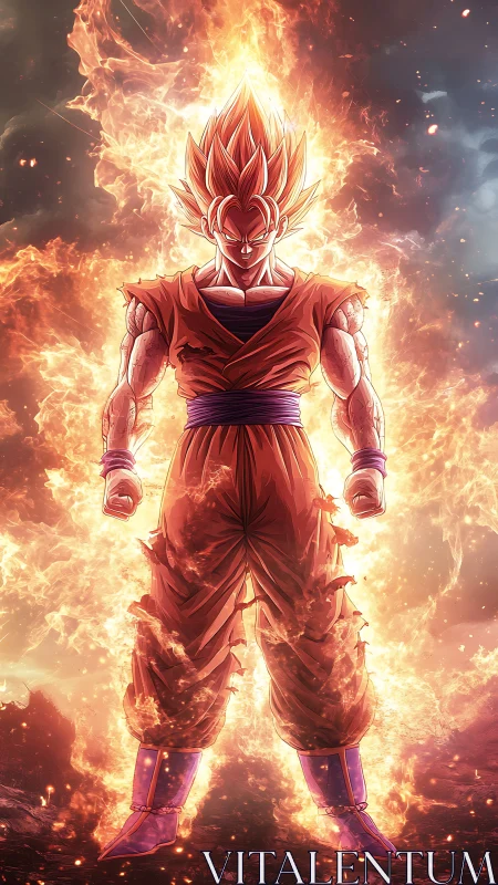 Stylized warrior stands amid vertically oriented surrounding flames