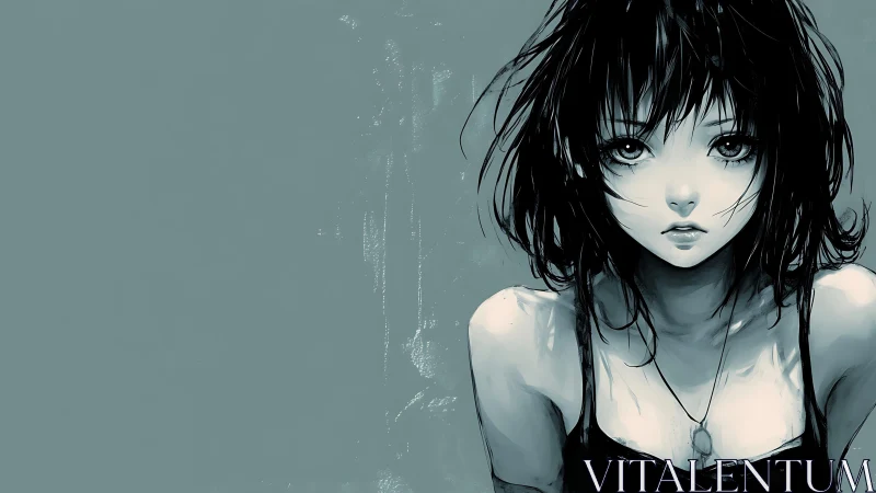 Melancholic anime girl framed by muted teal negative space.