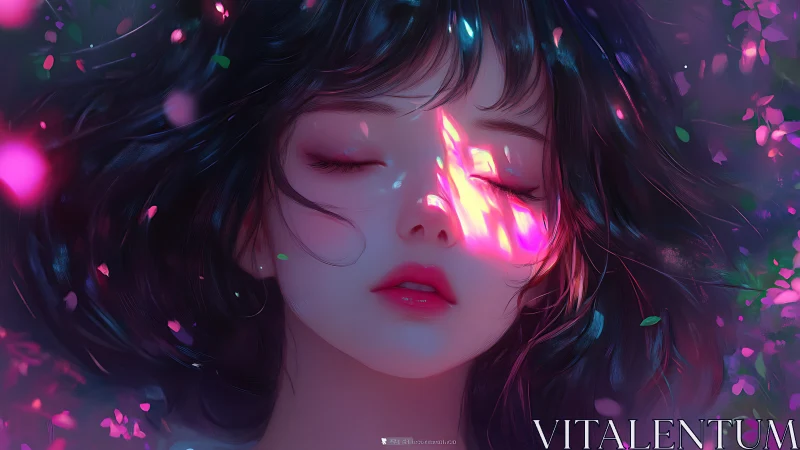 Female face with closed eyes under fragmented pink light.