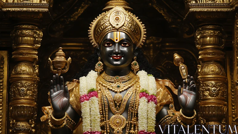 Hindu deity statue with garlands stands in ornate golden shrine
