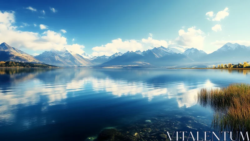 Mountain lake with calm water and distant snow peaks.