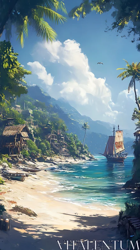 Tropical Cove with Sailing Vessel Among Mountains.