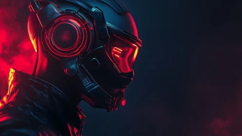 Futuristic helmeted figure in red neon side profile view.