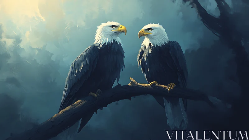 Two Bald Eagles on a Branch in Digital Painting Style.