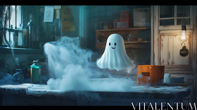 Small stylized ghost floats above a fog-covered workbench