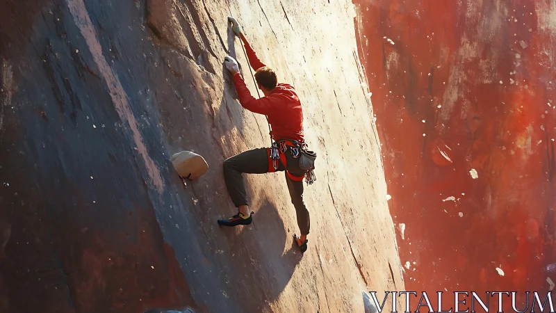 Solo rock climber scales sunlit red cliff face with focus.