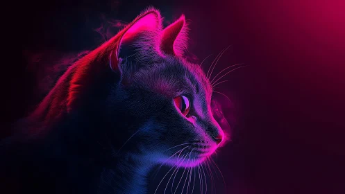 Neon rim-lit feline profile in magenta and cyan vapor glow