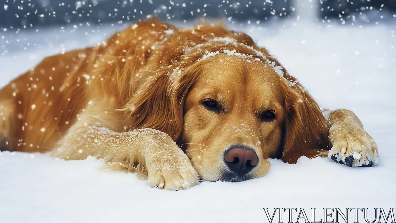 Golden retriever resting peacefully in a gentle winter snow.
