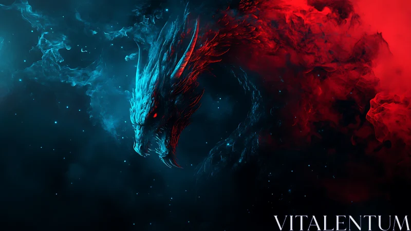 Bicolor cosmic dragon emerging through swirling nebula.