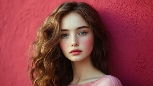 Portrait of young woman against bold pink textured wall.