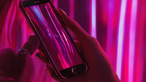 Neon-lit smartphone glows softly in a dreamy pink nightlife