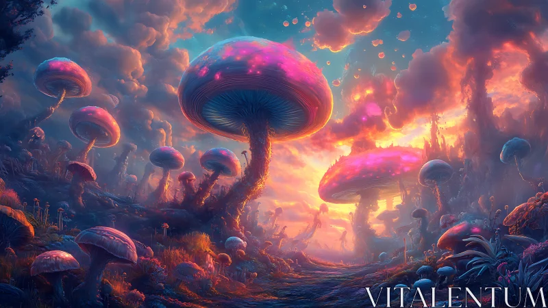Dreamlit mushroom valley under a glowing cosmic sky.