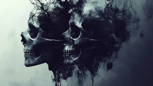Dual human skulls merged with abstract dark ink forms.