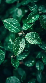 Macro photograph isolates rain-soaked leaves in cool teal tones