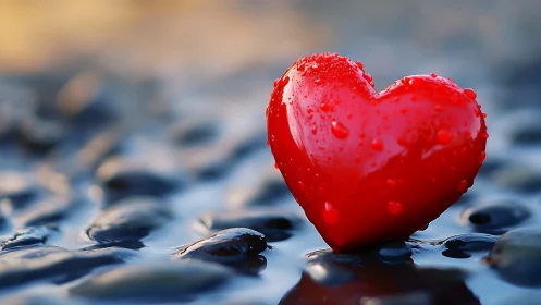 Red heart glistening against dark pebbles.