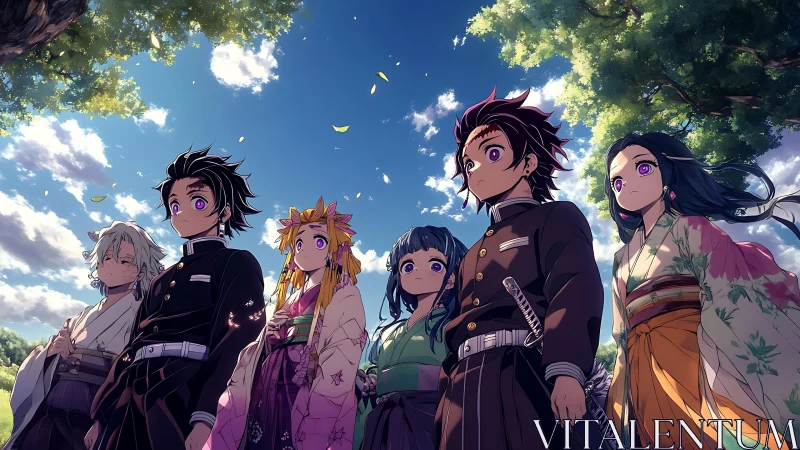Six anime characters stand outdoors under a bright sky