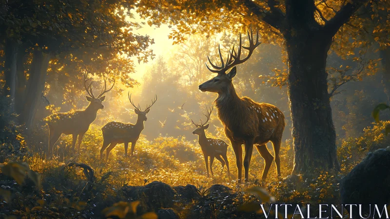 Sunlit stag herd in golden autumn forest clearing.