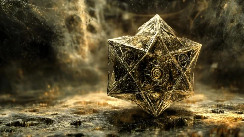 Geometric crystalline polyhedron in metallic abstract space.