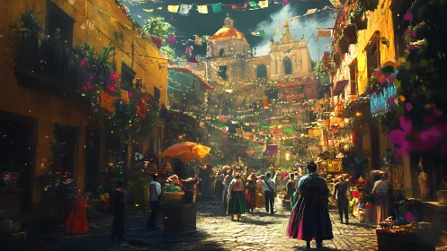 Historic plaza street market under flags and church dome.