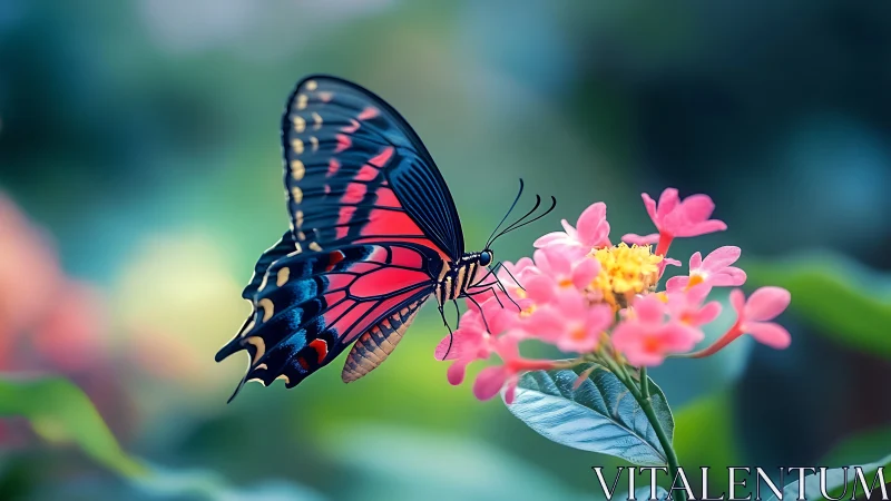 Macro study of swallowtail butterfly on pink inflorescence
