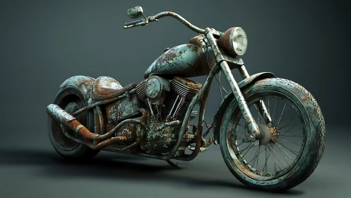 Weathered vintage chopper rendered in hyper-real 3D detail.