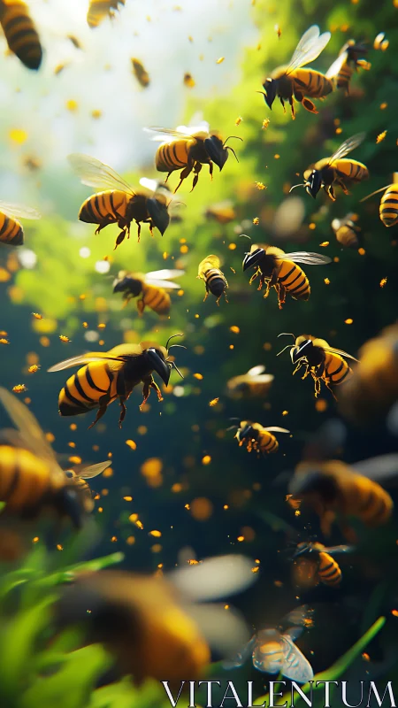 Honeybee swarm in dense green foliage environment.