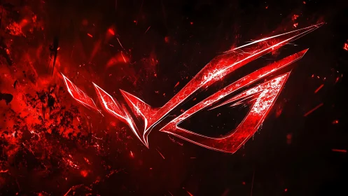 Red metallic emblem is rendered with sharp angular contours